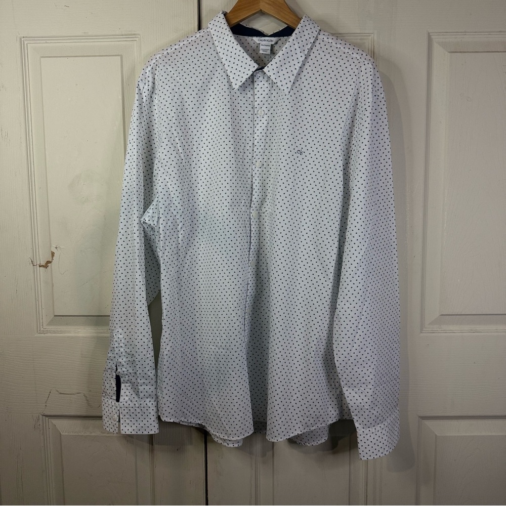 Calvin Klein Men’s Dress Shirt XXL White Blue Mini Geo Print Long Sleeve
